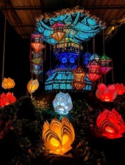 Obraz premium Sri Lanka Vesak Lantern Display Illuminated at Night – Traditional Buddhist Festival Decoration with Colorful Lantern Art