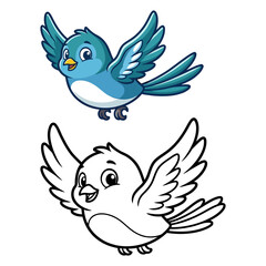 Fototapeta premium Cute cartoon bluebird coloring page and vector asset set