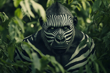 Fototapeta premium Surreal Hybrid Animal With Intense Gaze And Unique Fur Patterns In A Dark Background, Generative AI