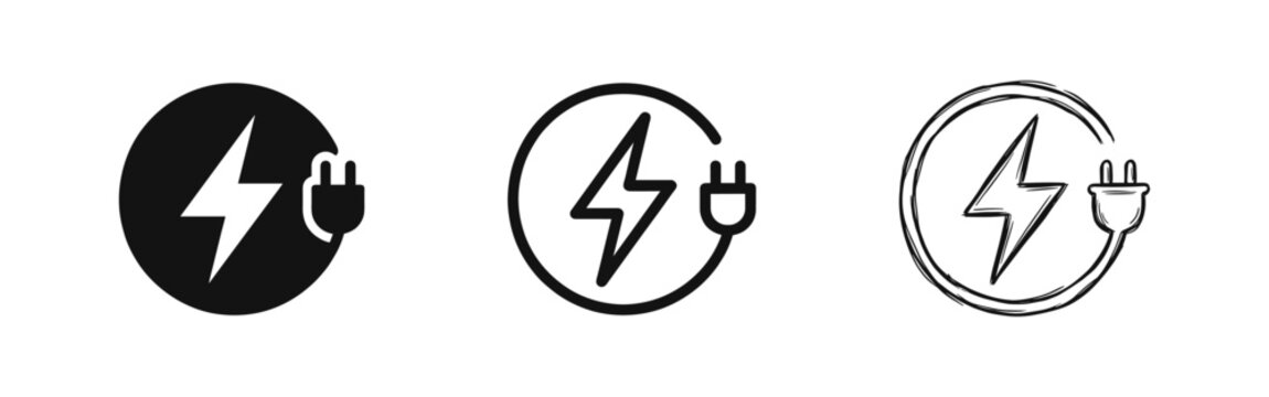 Electric Vehicle Charging and Power Plug Icons, 3 Styles: Solid Circle, Outline, and Hand-Drawn Sketch