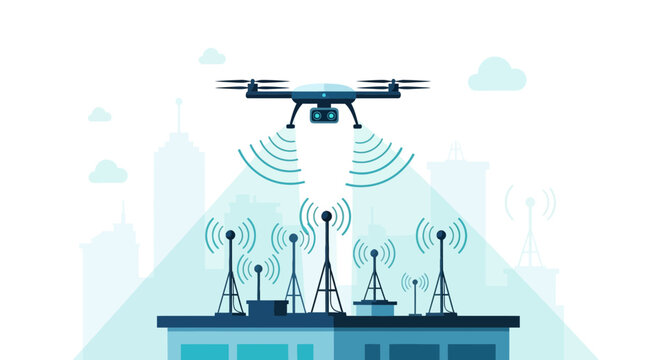 Drone transmitting data over city rooftops with antennas and skyscrapers