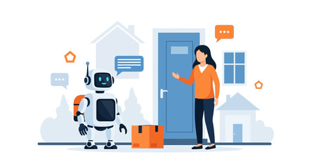 Fototapeta premium Robot delivery service brings package to woman at her doorstep, modern logistics concept