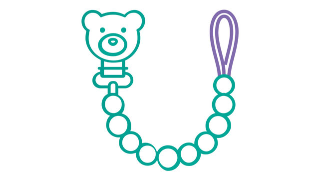 Modern baby pacifier dummy and holder clip vector icon illustration, sleek linear graphic for infant soothing supplies and maternity health care branding materials and mobile apps systems.