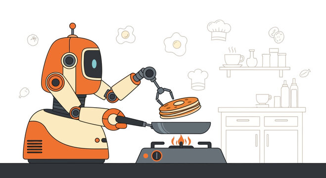 Robot cooking breakfast: robot frying donut and eggs in kitchen