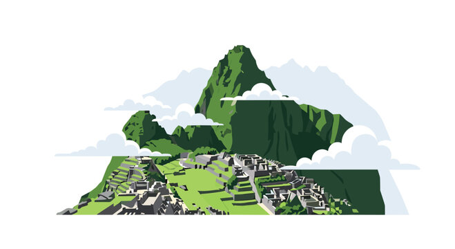 A stylized flat vector illustration depicts the historic Machu Picchu ruins nestled among green mountainous terrain and fluffy white clouds on a clean background.