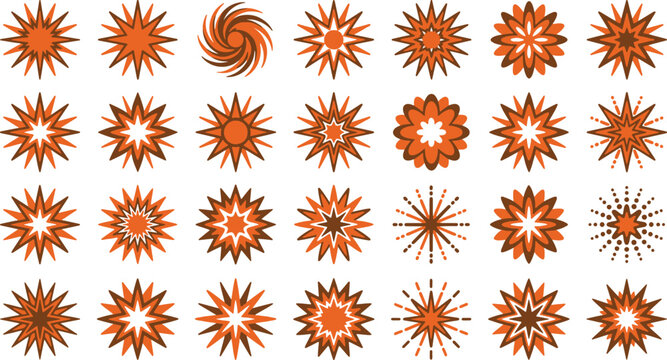 Retro starburst and flower icons set flat orange brown geometric shapes