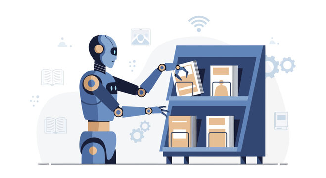 Robot organizing books on shelves, artificial intelligence in library, automation concept