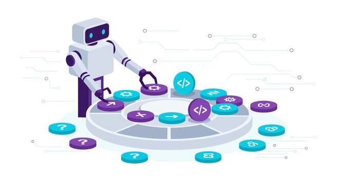Robot organizing code and data on a circular platform, AI and programming concept