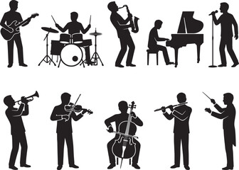 Fototapeta premium Collection of silhouetted musicians playing various musical instruments in a stylized artistic representation
