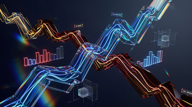 Dynamic glowing red and blue neon stock market line charts fluctuating on dark digital background representing current financial data analysis, trading trends, and global economic prosperity.
