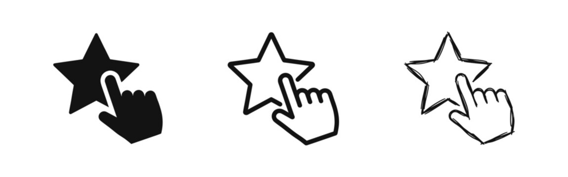 Star rating feedback icon set with hand cursor in solid line and hand drawn styles