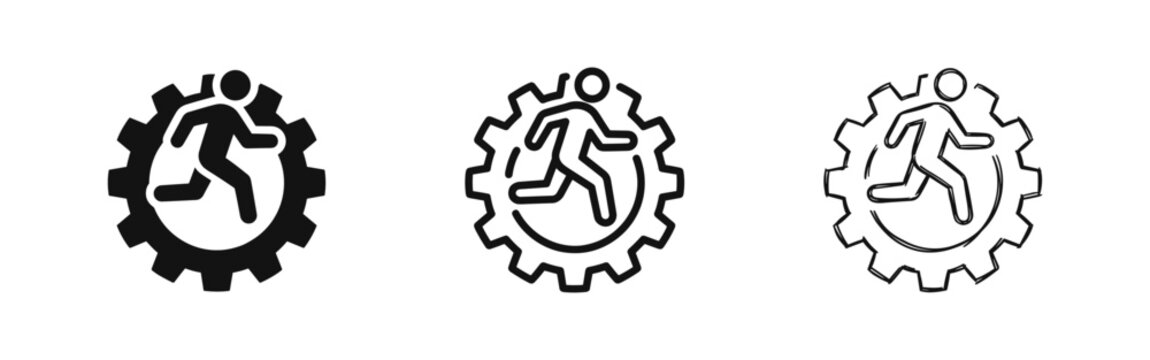 Process efficiency icon set with running man and gear in solid line and hand drawn styles