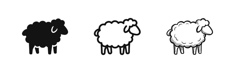 Sheep Farm Animal Icon Set in Solid, Outline and Hand-Drawn Styles © drawing lines