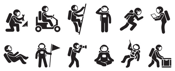 Astronaut Stickman Icons Set: Space Exploration Activities © Madaheen