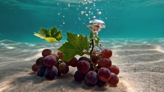 Fresh red grapes splashing into water with air bubbles, healthy food concept and refreshing fruit background.
