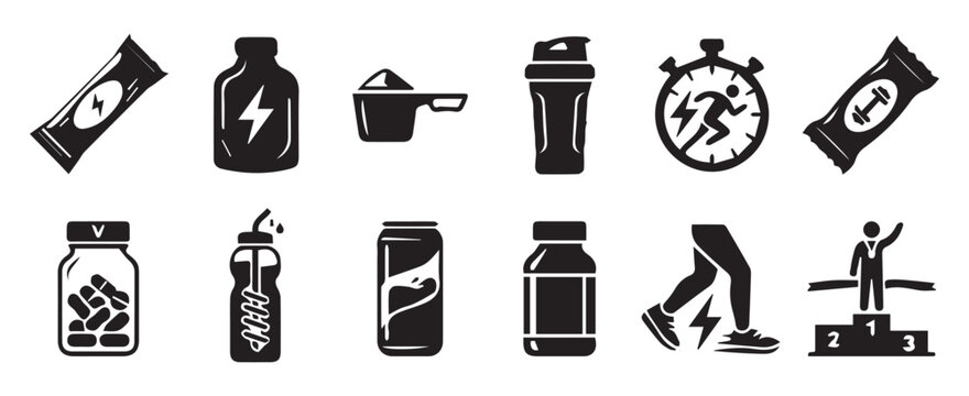 Sports nutrition icons set, fitness supplement vector symbols, protein powder and energy drink graphics, 12 black solid icons for bodybuilding and workout