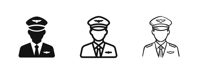 Pilot Captain Avatar Icon Set for Aviation and Travel, Solid, Line, and Hand Drawn Styles © drawing lines
