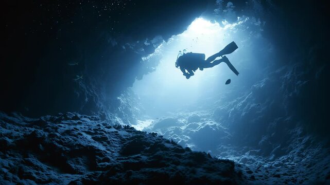 A full shot of a diver in an underwater cave, presented as a strong silhouette against a vibrant light source. 