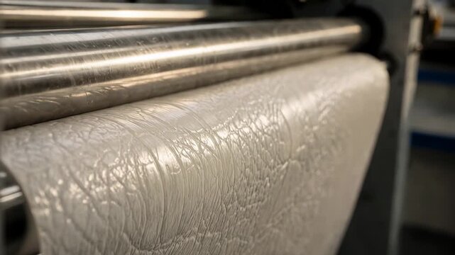 Closeup of rollers imprinting a detailed leathergrain embossed pattern onto a soft plastic sheet highlighting texture depth and precision in industrial manufacturing