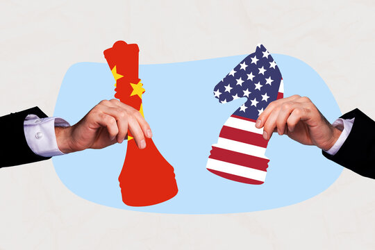 3d sketch poster trend collage image of hands hold chess figurine knight queen rival china america trade war economic problem