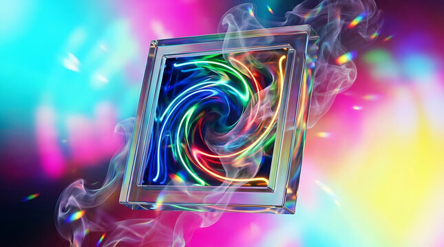 Vibrant neon square frame glowing with wispy smoke trails against a dynamic shifting RGB colorful backdrop, creating a retro futuristic synthwave aesthetic with ambient light.