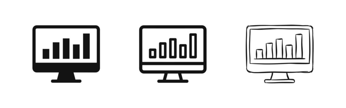 Computer Monitor with Data Analytics Bar Chart - Solid, Outline and Sketch Style Icons