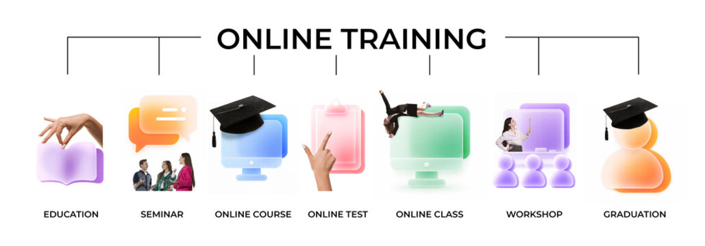 Online training infographic with 3d education and e-learning icons. Concept of e-learning, webinar promotion, course marketing, online education, remote teaching, seminar ads, workshop materials.