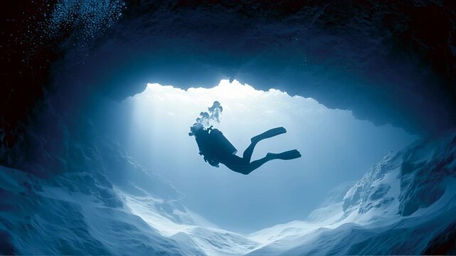 A full shot of a diver in an underwater cave, presented as a strong silhouette against a vibrant light source. 
