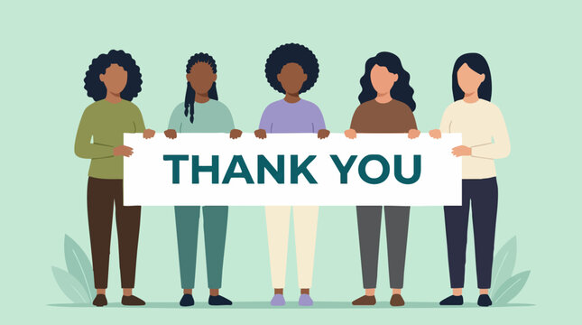 Diverse women holding 'THANK YOU' banner, expressing gratitude and unity