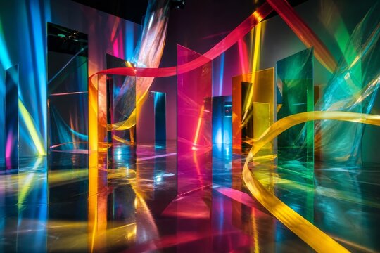 Immersive interior installation with vivid translucent ribbons, colored light trails and reflective surfaces. High energy maximal visual trend and event design concept