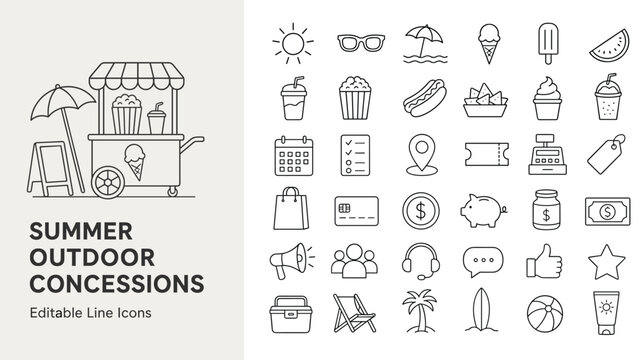 Collection of summer outdoor concession and beach line icons. Perfect for websites, apps, marketing, menus, and promotions. Editable vector set.