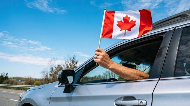 Canada day celebration man holding canadian flag out of car window on a sunny day