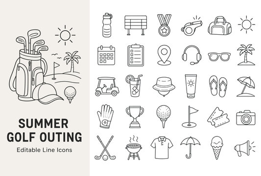A comprehensive collection of editable line vector icons for summer golf outings and leisure activities. Ideal for web, app, and print designs.