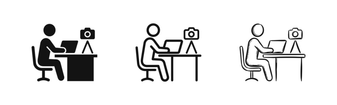 Content Creator and Vlogger Icon Set, Video Recording with Camera and Laptop Symbol, Online Education Graphic