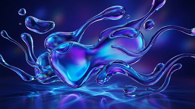 Dynamic flowing liquid glass shapes featuring a vibrant blue and purple iridescent color shift, set against a sleek abstract background with smooth gradients and reflective glossy textures.
