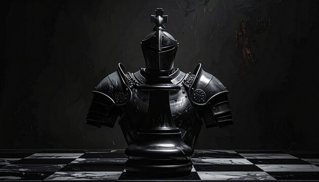 Medieval knight chess piece on marble chessboard in dark room