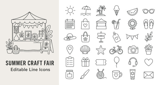 This comprehensive set of editable line icons features summer, beach, craft fair elements, and hobbies. Ideal for websites, apps, and marketing materials.