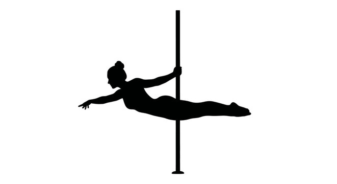 Elegant female figure performing a demanding pole fitness routine, showcasing flexibility and powerful athletic skill