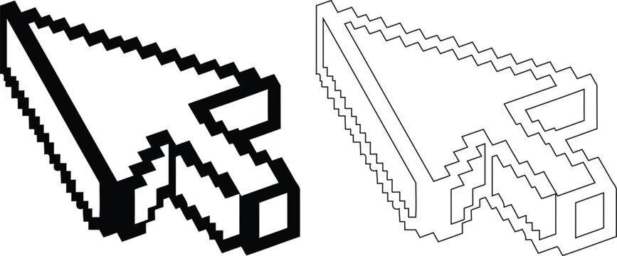 Pixelated computer cursor illustration with isometric and flat designs silhouette