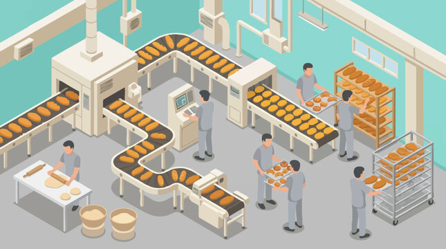Isometric illustration of an automated bread production line in a bakery factory