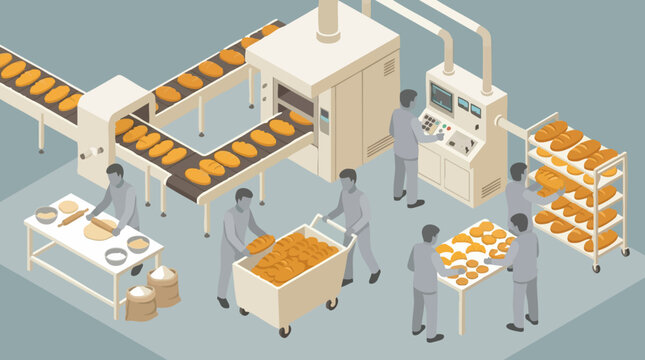 Industrial bakery production line with workers making bread and pastries