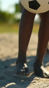 Vertical video: Incoming ball hitting raised foot, barefoot boy juggling on sand in shorts playing
