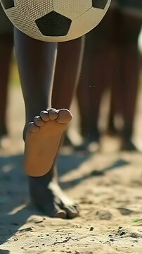 Vertical video: Lifting barefoot child's foot flicking soccer ball on sand, practicing control