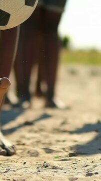 Vertical video: Ball entering left, kids barefoot lifting toes to control ball on sand in shorts