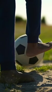 Vertical video: Lifting left foot, barefoot in dark sweats balancing ball at field edge for pass