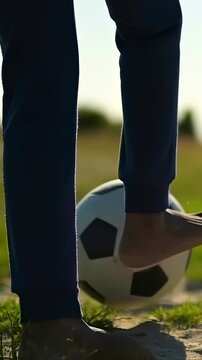Vertical video: Ball popping from right making barefoot teen navy sweats practicing control on sand