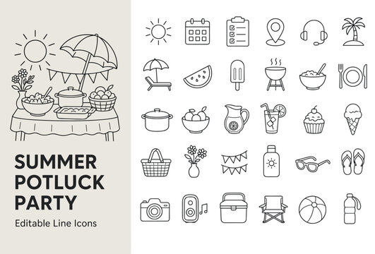 Collection of editable summer potluck party line icons for outdoor events. Perfect for web, app, and invitation designs, evoking a fun, festive mood.