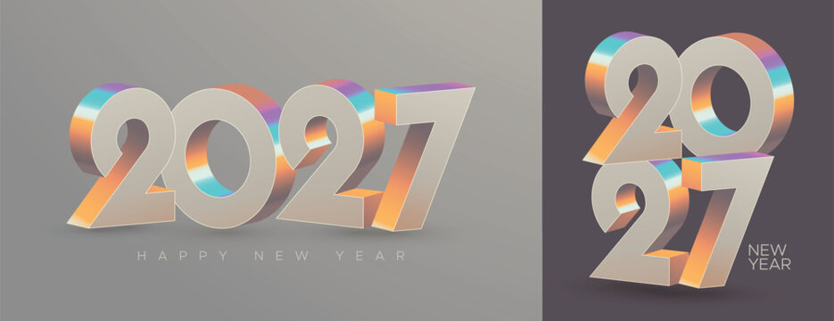 Luxury 2027 New Year Typography Design with Iridescent Metallic 3D Numbers and Minimal Modern Background