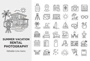 Fototapeta premium Vacation rental photography editable line icons. Perfect for travel websites, booking platforms, or promotional materials. Clean, modern, engaging visuals.