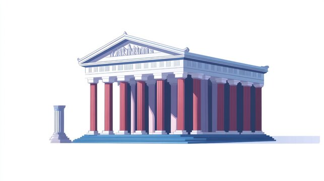 Cartoon rendition of a white Greek temple with red pillars and blue base